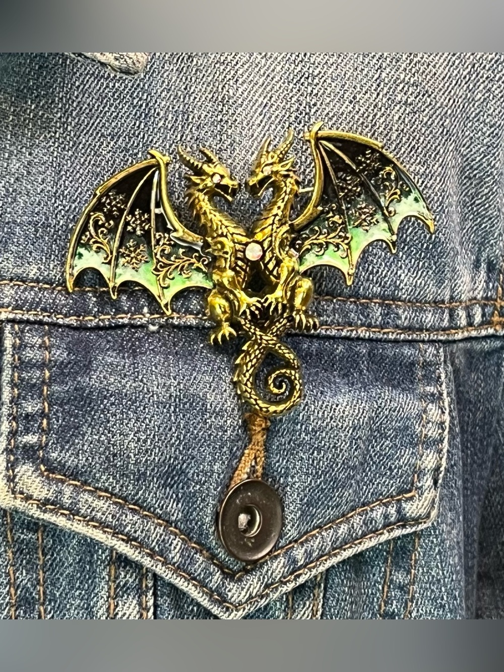 Gothic Twin Dragon Green Enamel Brooch Mythical Pin Gold Accent Statement Piece